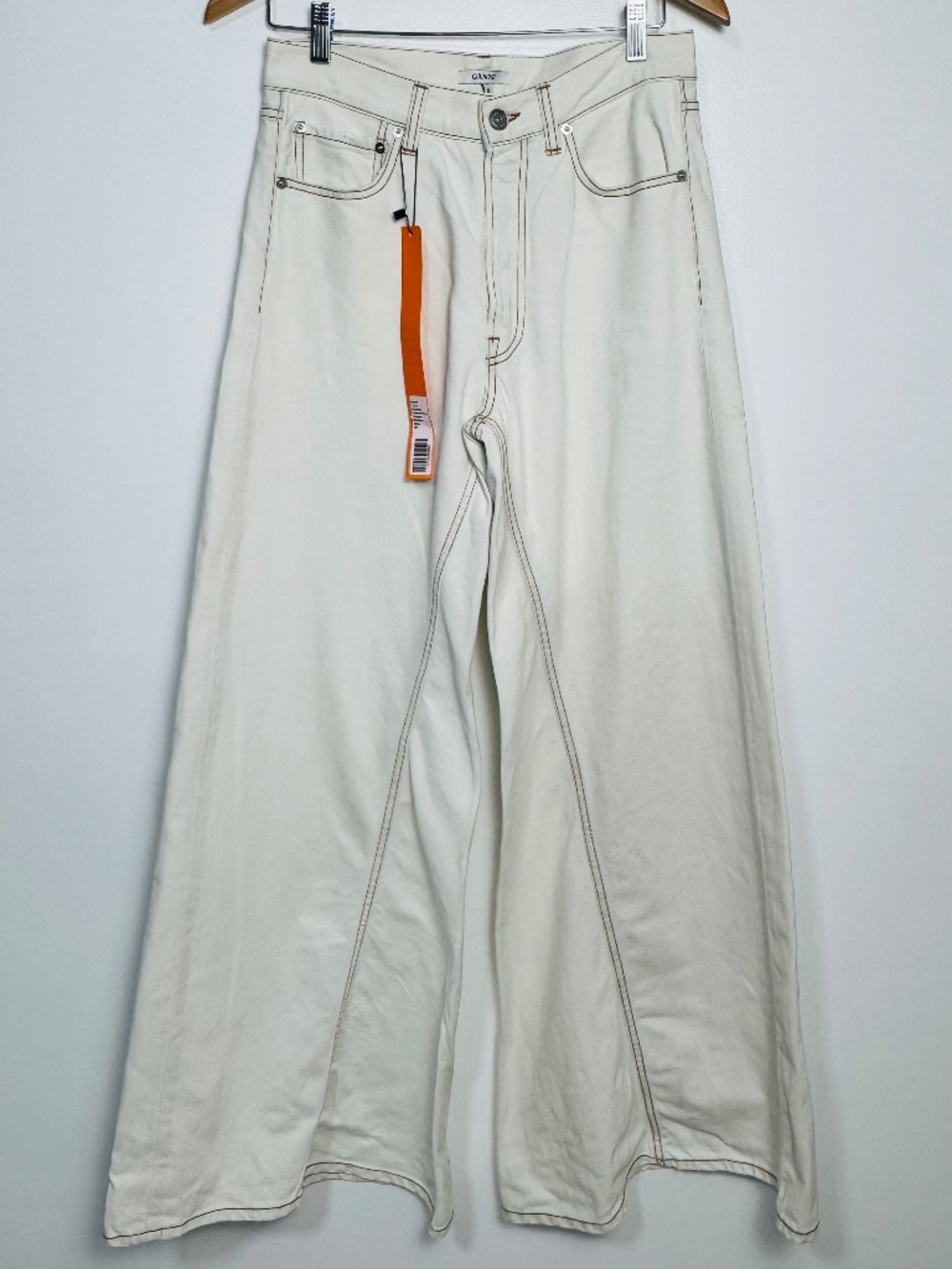 GANNI Archive 1759 Denim Runway Pants White Bleach High-Waist Wide-Leg F2632